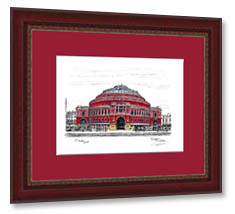 Royal Albert Hall in colour (A2 print) with Beaulojais mount (A2) in Mahogany Gold Line frame for A2 mounts (C7)