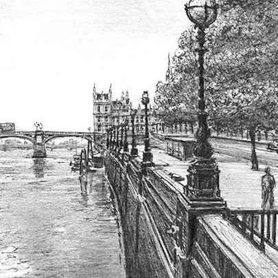 Drawing of View of Westminster Bridge in summer