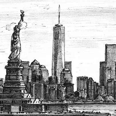 Drawing of Statue of Liberty & the view of Freedom Tower