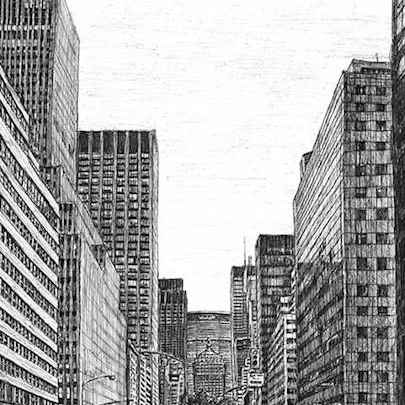 Drawing of New York street scene on Park Avenue