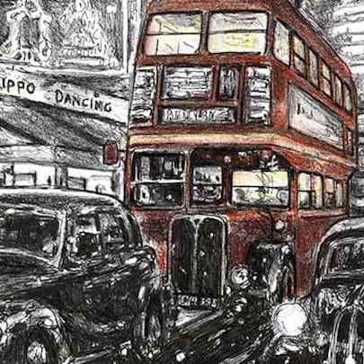 Drawing of RT London bus on a winters night