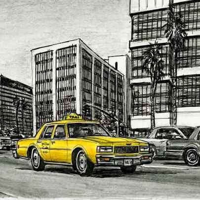 Drawing of Yellow Taxi passing by Wilshire Boulevard
