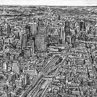 Drawing of Aerial view of Montreal, Canada