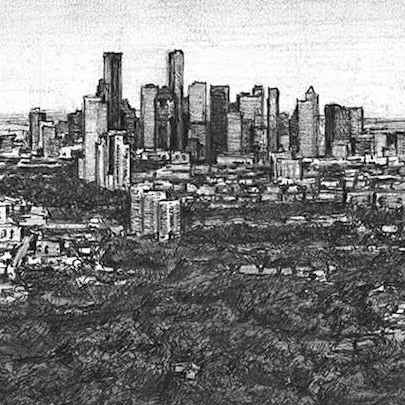 Drawing of Aerial view of Downtown Houston Skyline