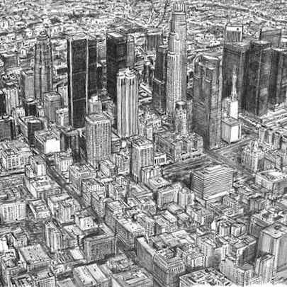 Aerial view of Los Angeles Skyline - Original Drawings