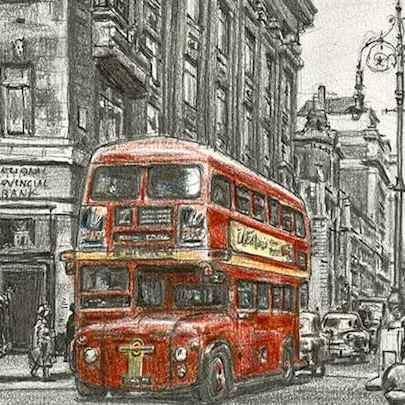 Drawing of The first London bus entering Oxford street (1956)