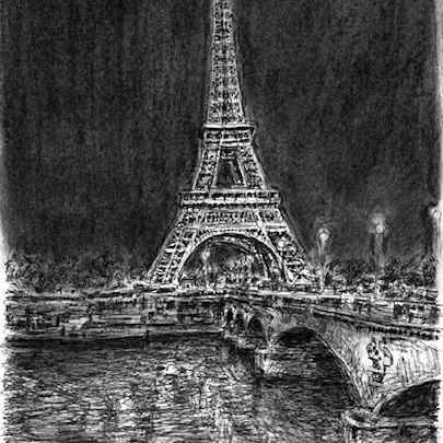 Drawing of Eiffel Tower at night (Paris)