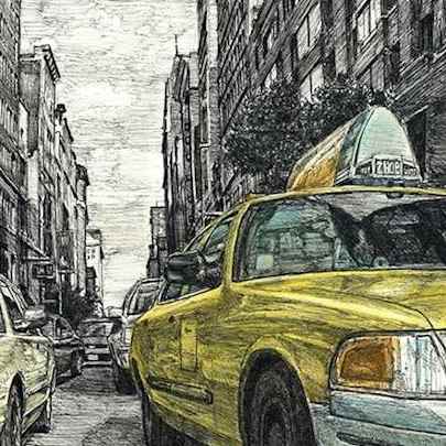 New York street scene with New York taxi cab - Original Drawings