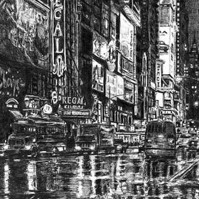 Drawing of Times Square street scene
