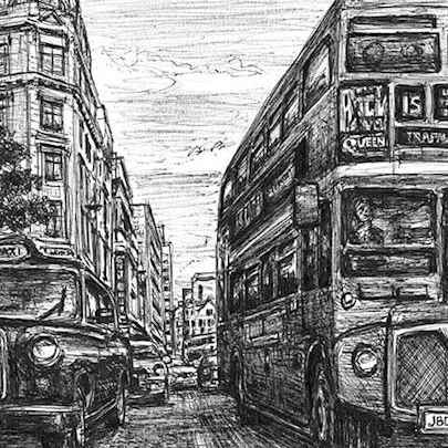 Drawing of London Taxi and Bus at Haymarket