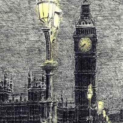 Drawing of Big Ben on a winter evening
