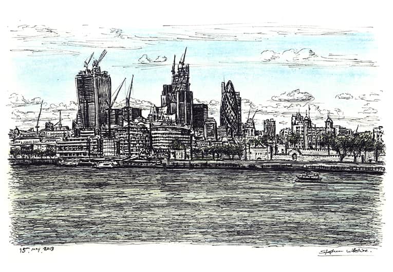 View of City of London from Tower Bridge - Original Drawings and Prints for Sale