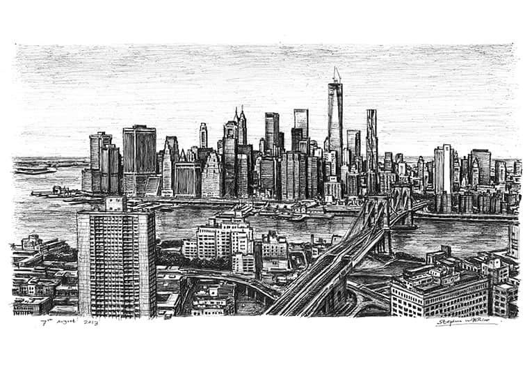 Birds eye view of the Freedom Tower and Brooklyn Bridge - Original Drawings and Prints for Sale