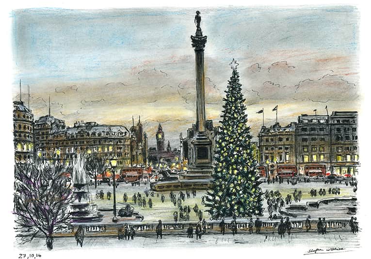 Trafalgar Square on a Christmas evening - Original drawings, prints and