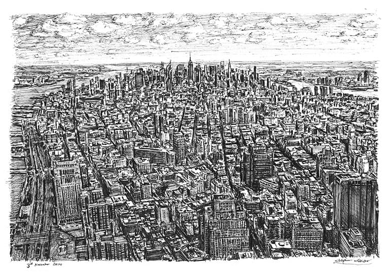 View of midtown Manhattan from the Freedom Tower - Original Drawings and Prints for Sale