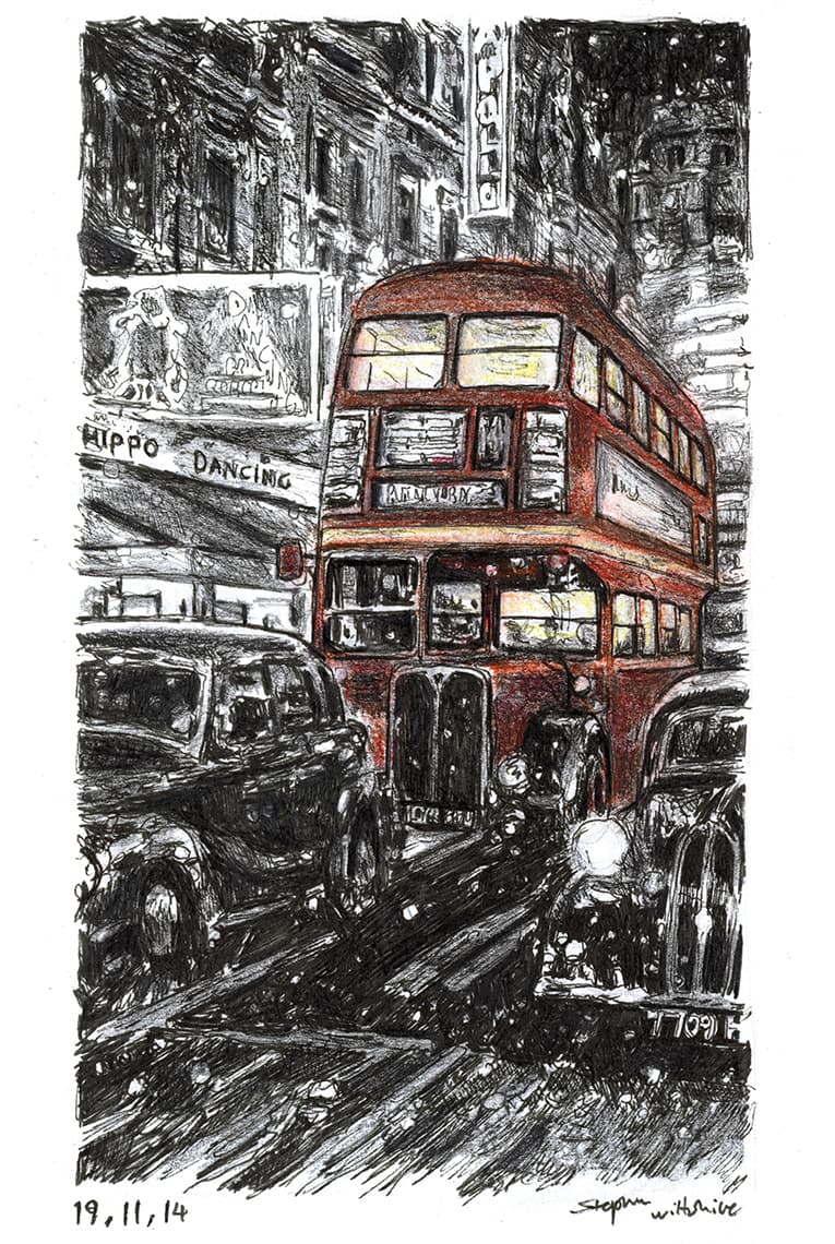 RT London bus on a winters night - Original Drawings and Prints for Sale