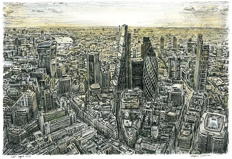 Aerial view of City of London - Original Drawings and Prints for Sale
