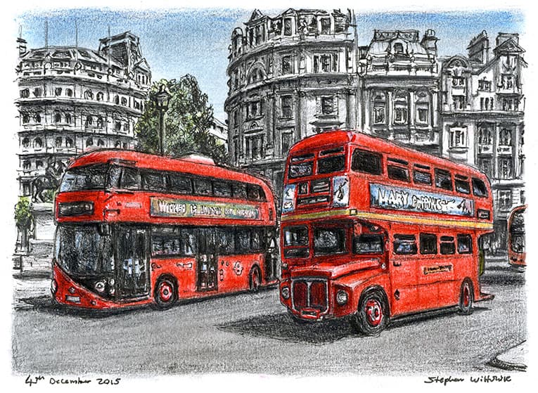 The old and new Routemaster buses - Original Drawings and Prints for Sale