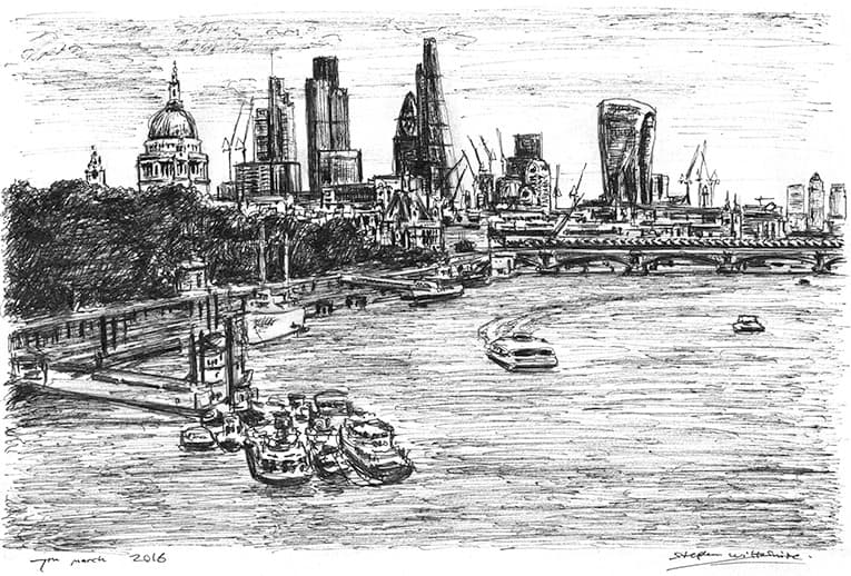 London Skyline at Embankment - Original Drawings and Prints for Sale