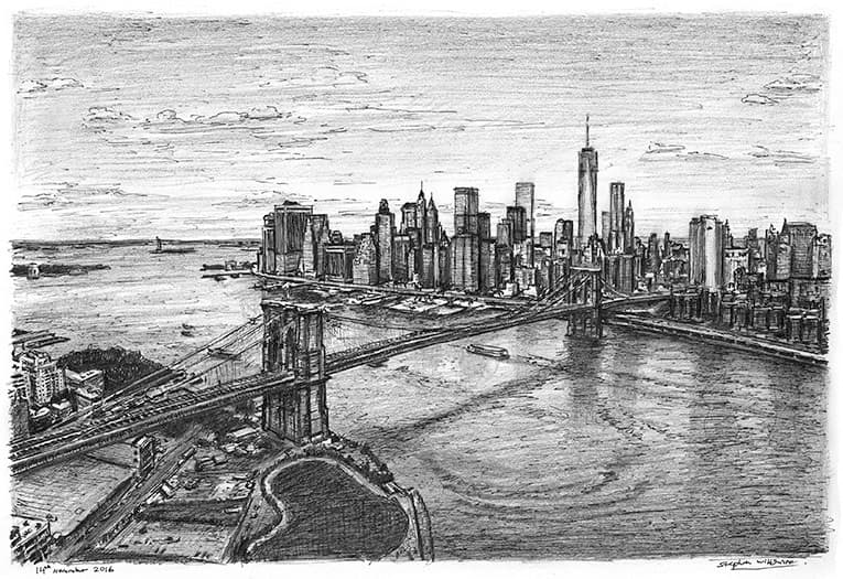 Aerial view of Manhattan skyline & Brooklyn Bridge - Original Drawings and Prints for Sale