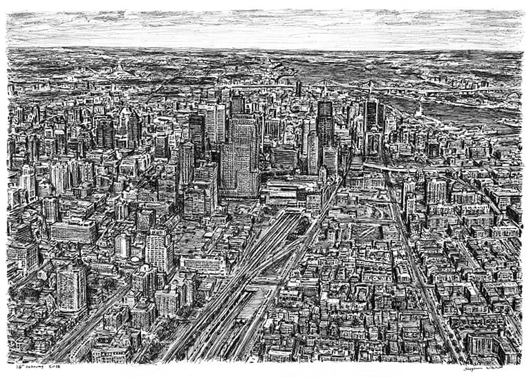Aerial view of Montreal, Canada - Original Drawings and Prints for Sale