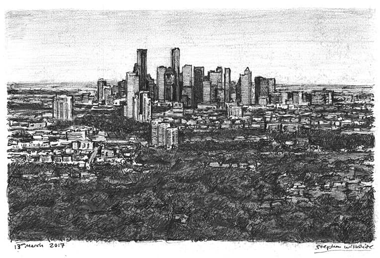 Aerial view of Downtown Houston Skyline - Original Drawings and Prints for Sale