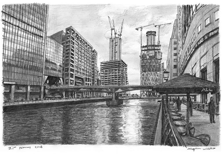 Heron Quays at Canary Wharf, London - Original Drawings and Prints for Sale