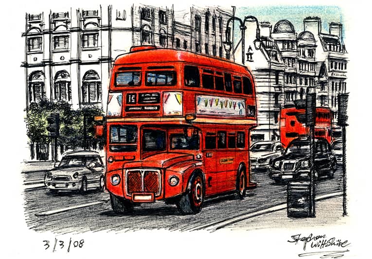 London Routemaster Bus at the Strand - Original Drawings and Prints for Sale