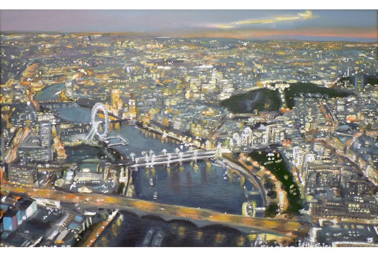Aerial view of London - oil on board - Original Drawings and Prints for Sale