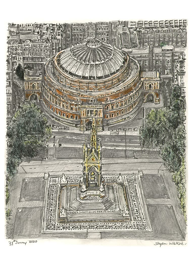 Aerial view of Royal Albert Hall - Original Drawings and Prints for Sale