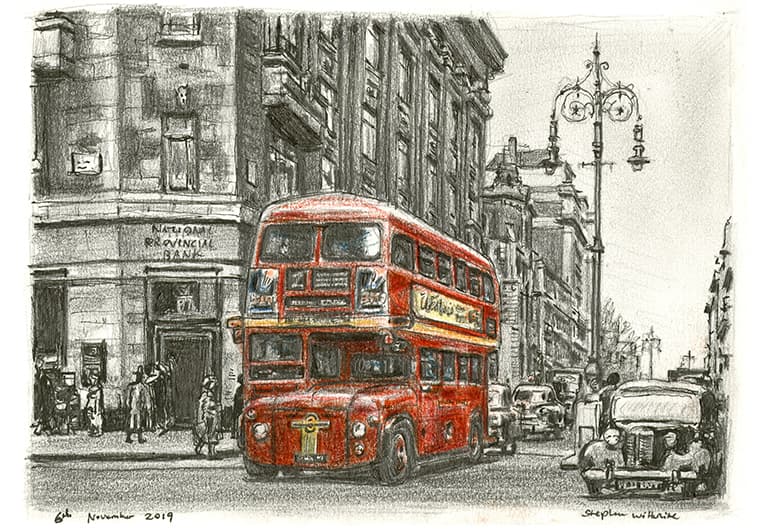 The first London bus entering Oxford street 1956 - Original Drawings and Prints for Sale
