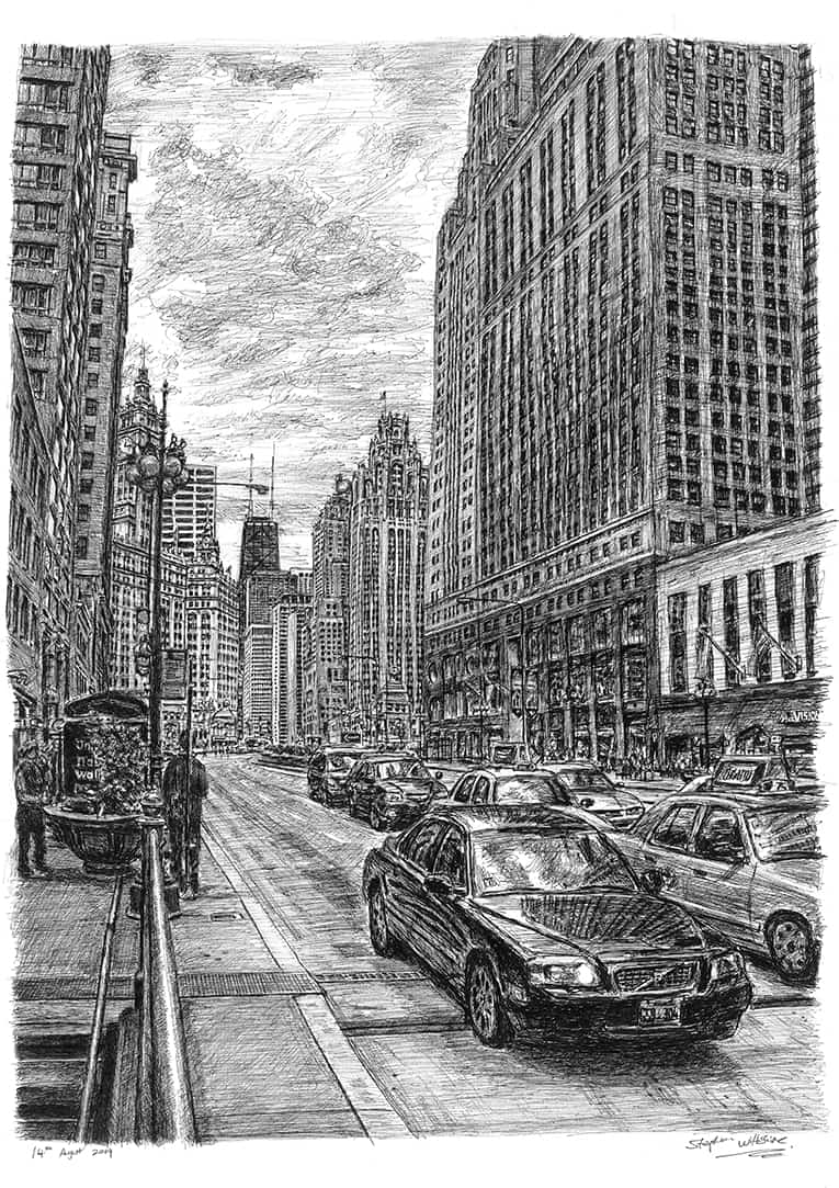 Chicago street scene drawings and paintings by Stephen Wiltshire MBE