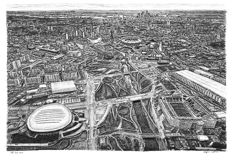 Aerial view of the Olympic village at Stratford - Original Drawings and Prints for Sale