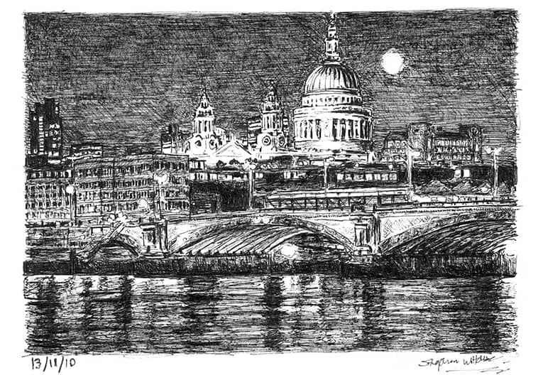 St Pauls Cathedral and River Thames at night - Original Drawings and Prints for Sale