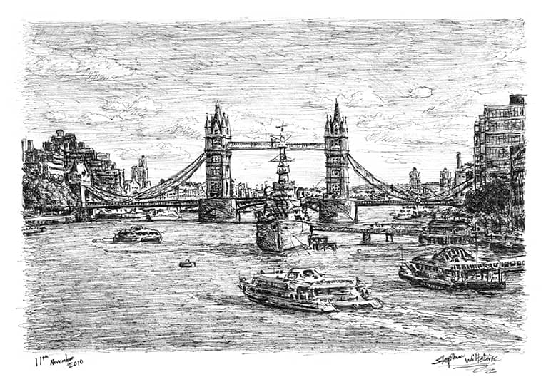 HMS Belfast and Tower Bridge London - Original Drawings and Prints for Sale