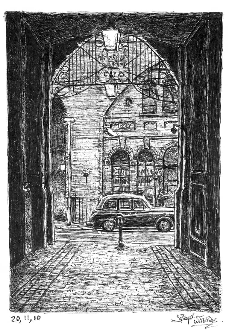 Taxi and cobbled alley - Original Drawings and Prints for Sale