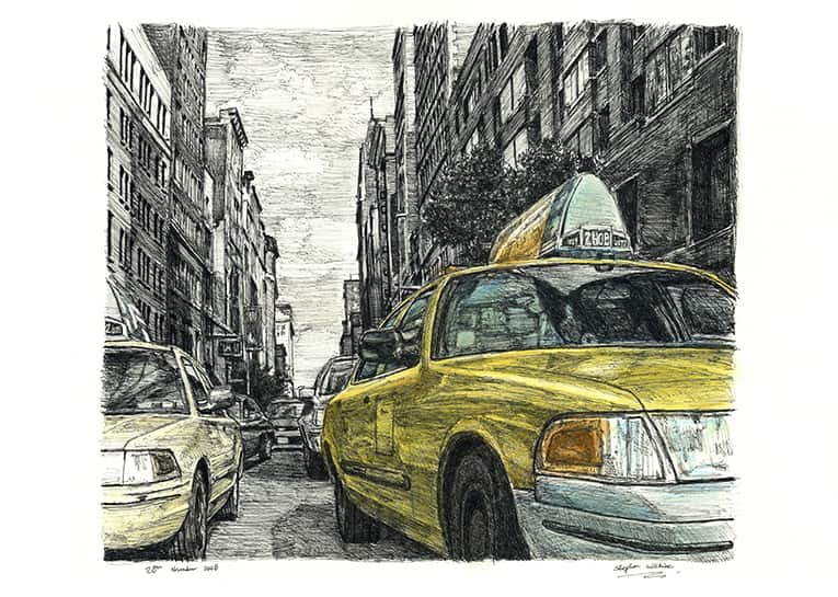 New York street scene with New York taxi cab - Original Drawings and Prints for Sale