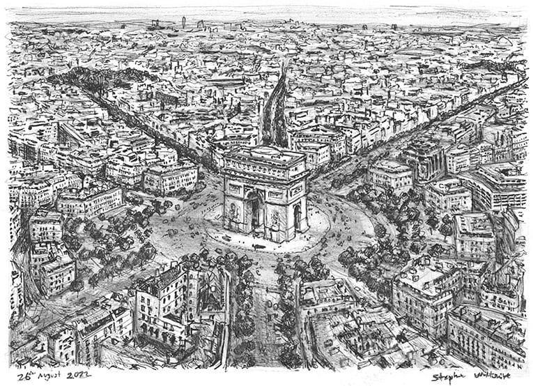 Aerial view of Arc de Triomphe - Original Drawings and Prints for Sale