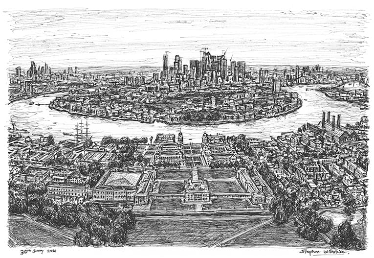 Canary Wharf from the Greenwich Observatory - Original Drawings and Prints for Sale
