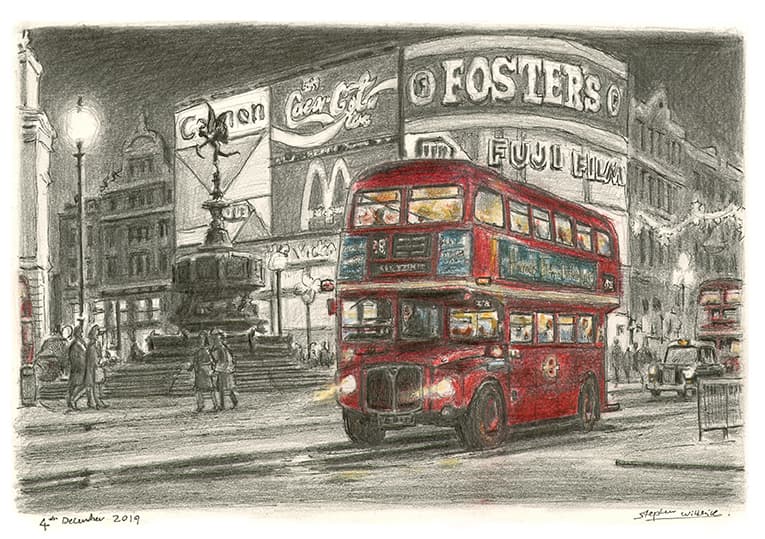 London bus at Piccadilly Circus, London - Original Drawings and Prints for Sale