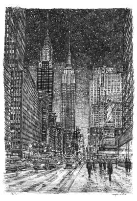 Imaginary drawing of New York in winter with White mount (A4) in Flat grain black frame for A4 mounts (J90)