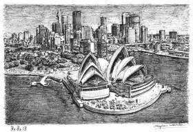 Sydney Opera House and skyline with White mount (A4) in Flat grain black frame for A4 mounts (J90)