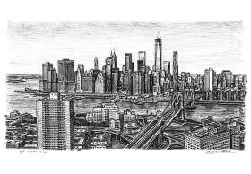 Birds eye view of the Freedom Tower and Brooklyn Bridge with White mount (A4) in Cushioned Black frame for A4 mounts (C59)