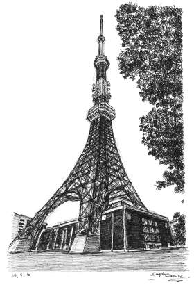 Tokyo Tower with White mount (A3) in Cushioned Black frame for A3 mounts (C59)