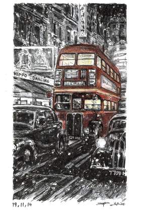 RT London bus on a winters night with White mount (A4) in Flat grain black frame for A4 mounts (J90)