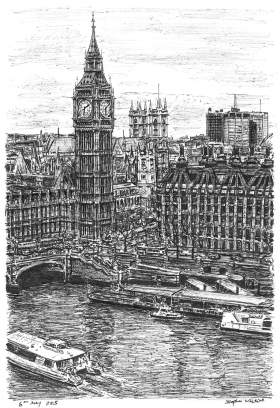 Big Ben and the River Thames with White mount (A4) in Flat grain black frame for A4 mounts (J90)