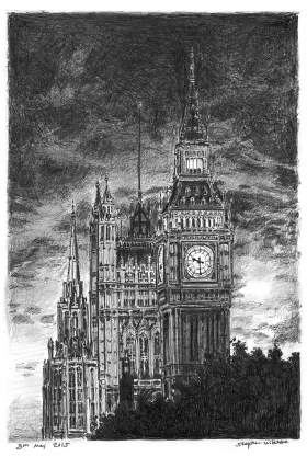 Big Ben at night with White mount (A4) in Flat grain black frame for A4 mounts (J90)