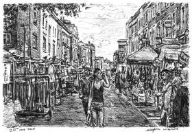 Portobello Market (London) with White mount (A4) in Flat grain black frame for A4 mounts (J90)