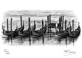 Gondolas on water in Venice with White mount (A4) in Cushioned Black frame for A4 mounts (C59)