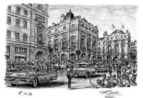 Regent street showing American cars driving down with White mount (A2) in Flat grain black frame for A2 mounts (J90)